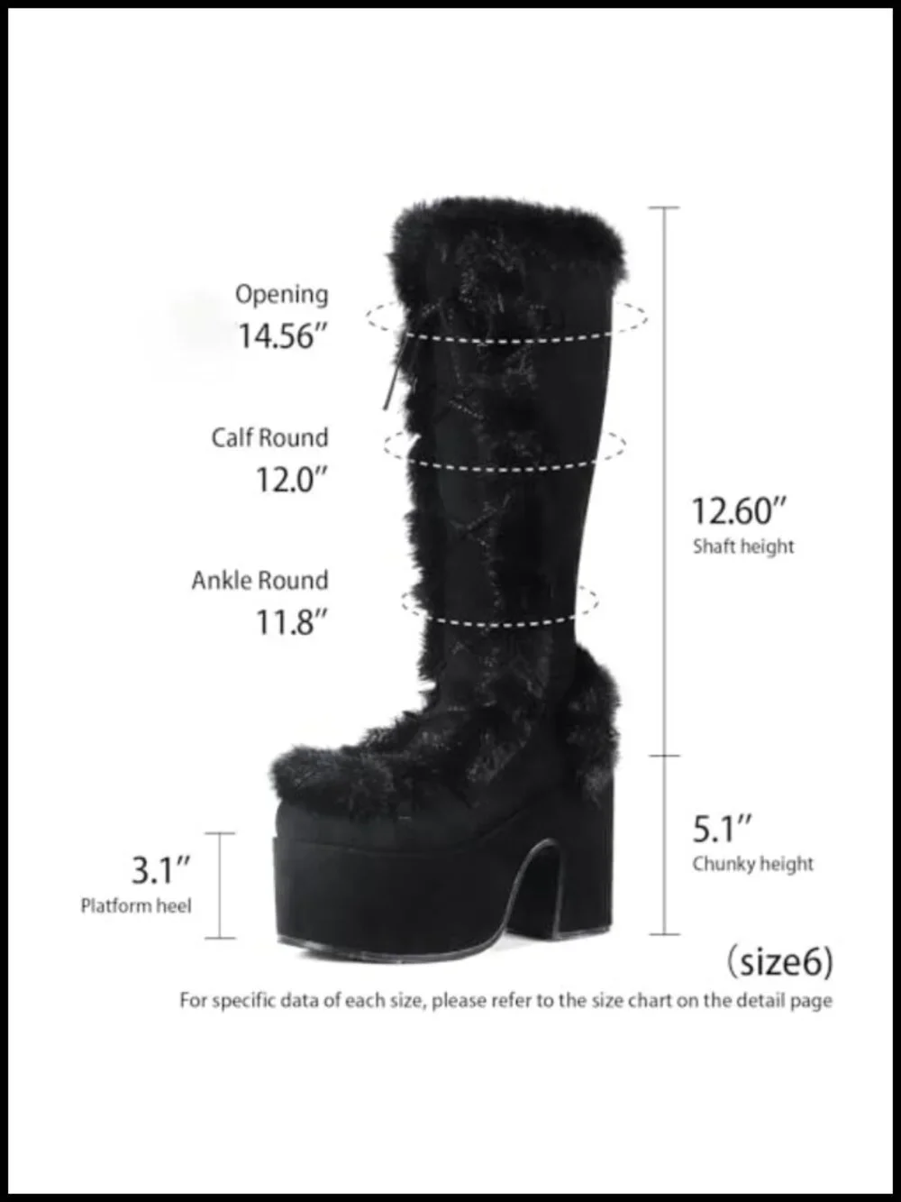 Furry Knee High Platform Chunky Heel Winter Snow Rave Goth Boots Faux Fur Lining